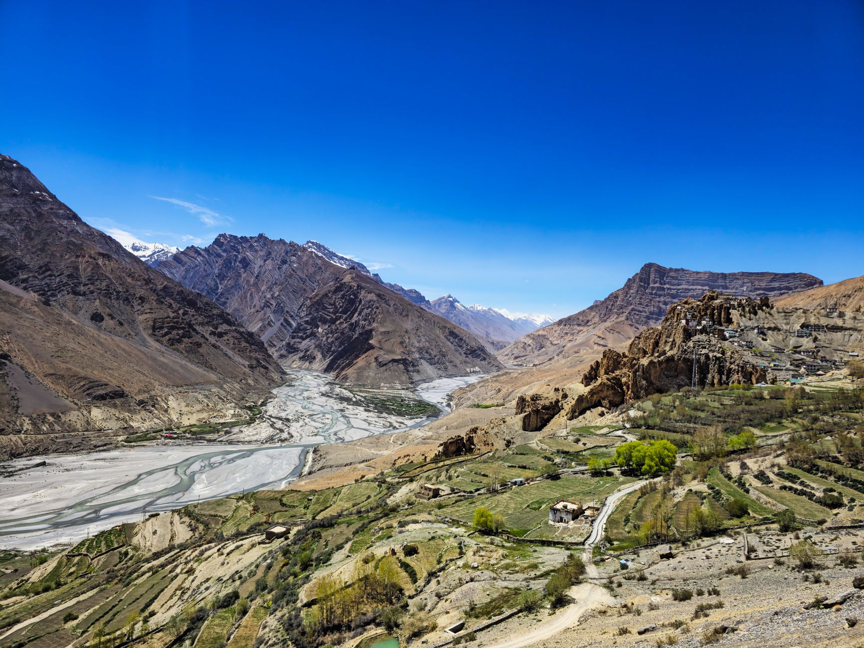 Panoramic view of Spiti Valley with rugged mountains and winding river under a clear blue sky.
