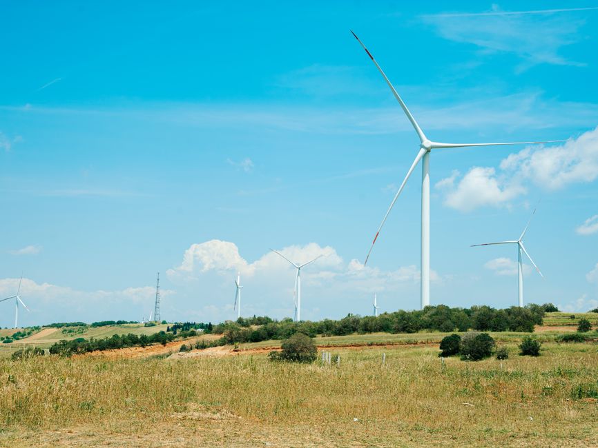 Idyllic scene of wind turbines in a sunny countryside field under a blue sky.