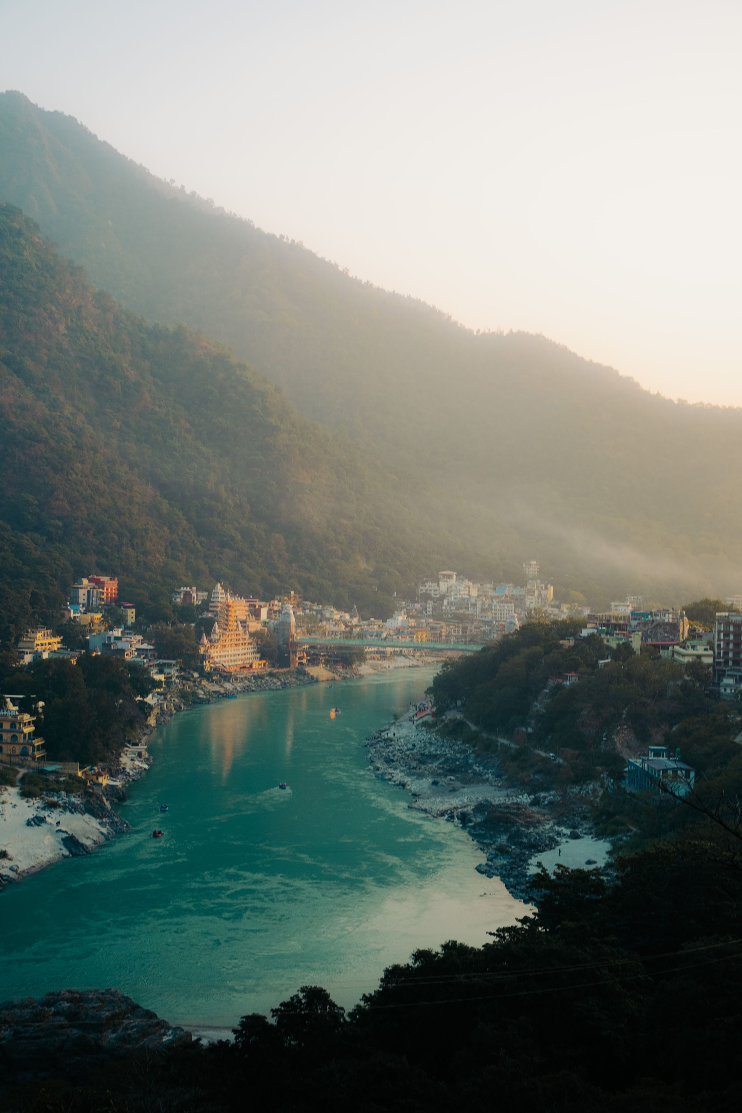 Aerial view of Rishikesh and the Ganges River at sunrise, Uttarakhand