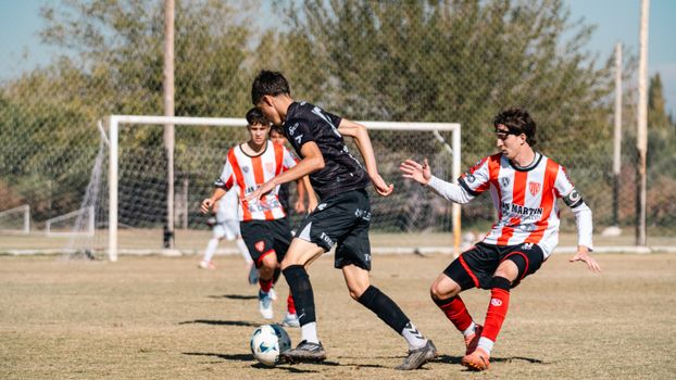 Young soccer players in action on a bright day under clear skies on an outdoor field.