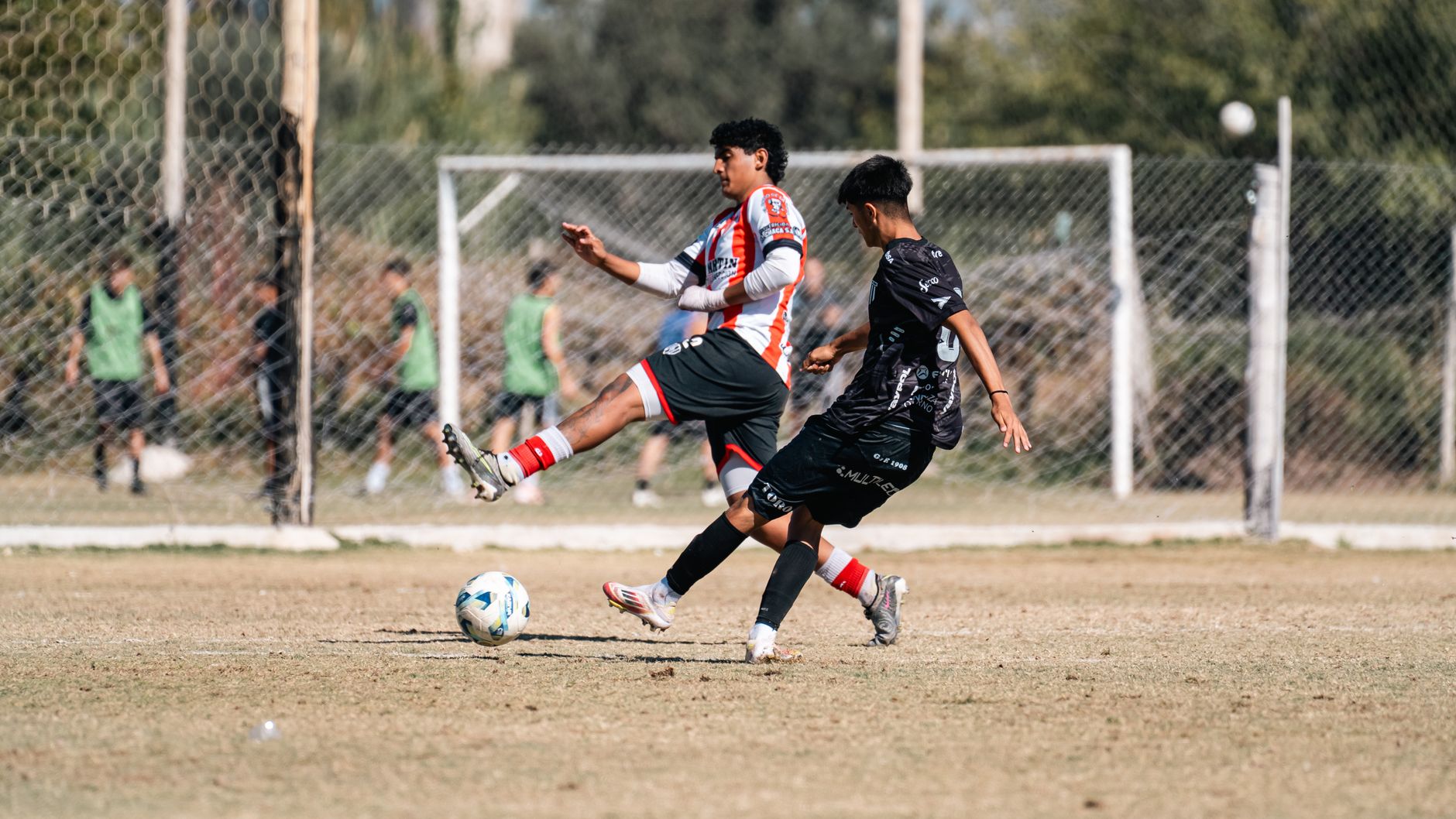 Two soccer players competing fiercely on the field during a sunny day match.