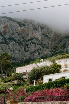Picturesque Capri landscape showcasing elegant homes against lush hills and overcast sky.