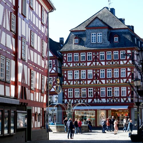 Free Charming medieval half-timbered houses in Herborn, Germany, showcasing German architectural heritage. Stock Photo