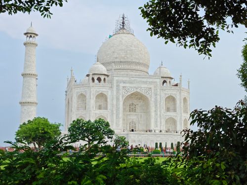 Free Beautiful view of the Taj Mahal framed by lush greenery, capturing its architectural splendor. Stock Photo