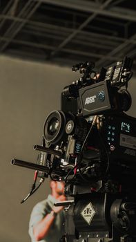 Detailed shot of a high-end cinema camera rig used in film production.