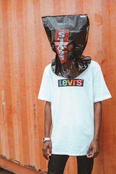 Anonymous young African American millennial in trendy t shirt hiding head under plastic bag while standing against orange wall