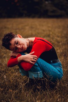 一个穿着红色上衣和牛仔裤的女人独自坐在草地上，显得很孤独