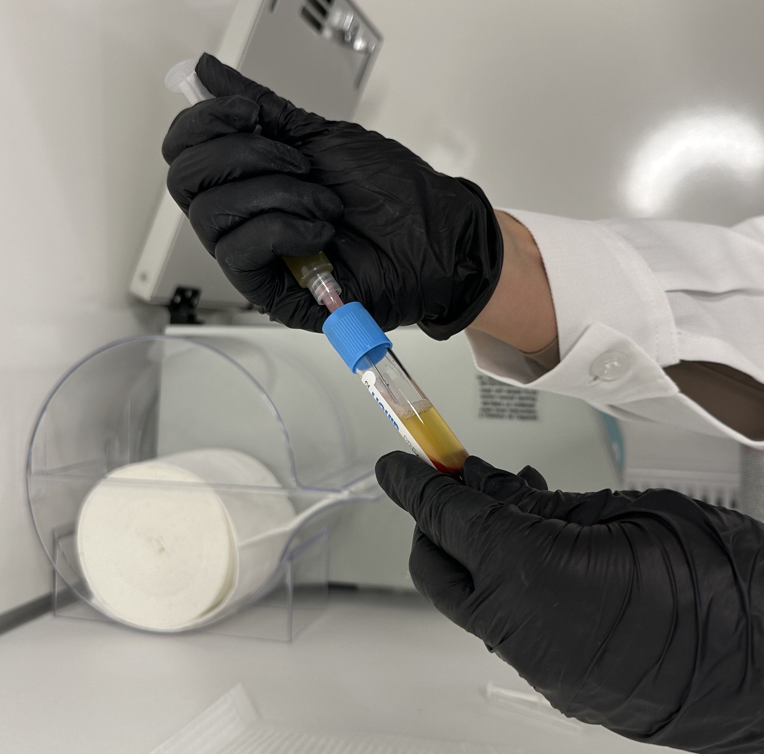 Ein Labortechniker füllt mit einer Spritze ein Blutprobenröhrchen und demonstriert so ein medizinisches Testverfahren.