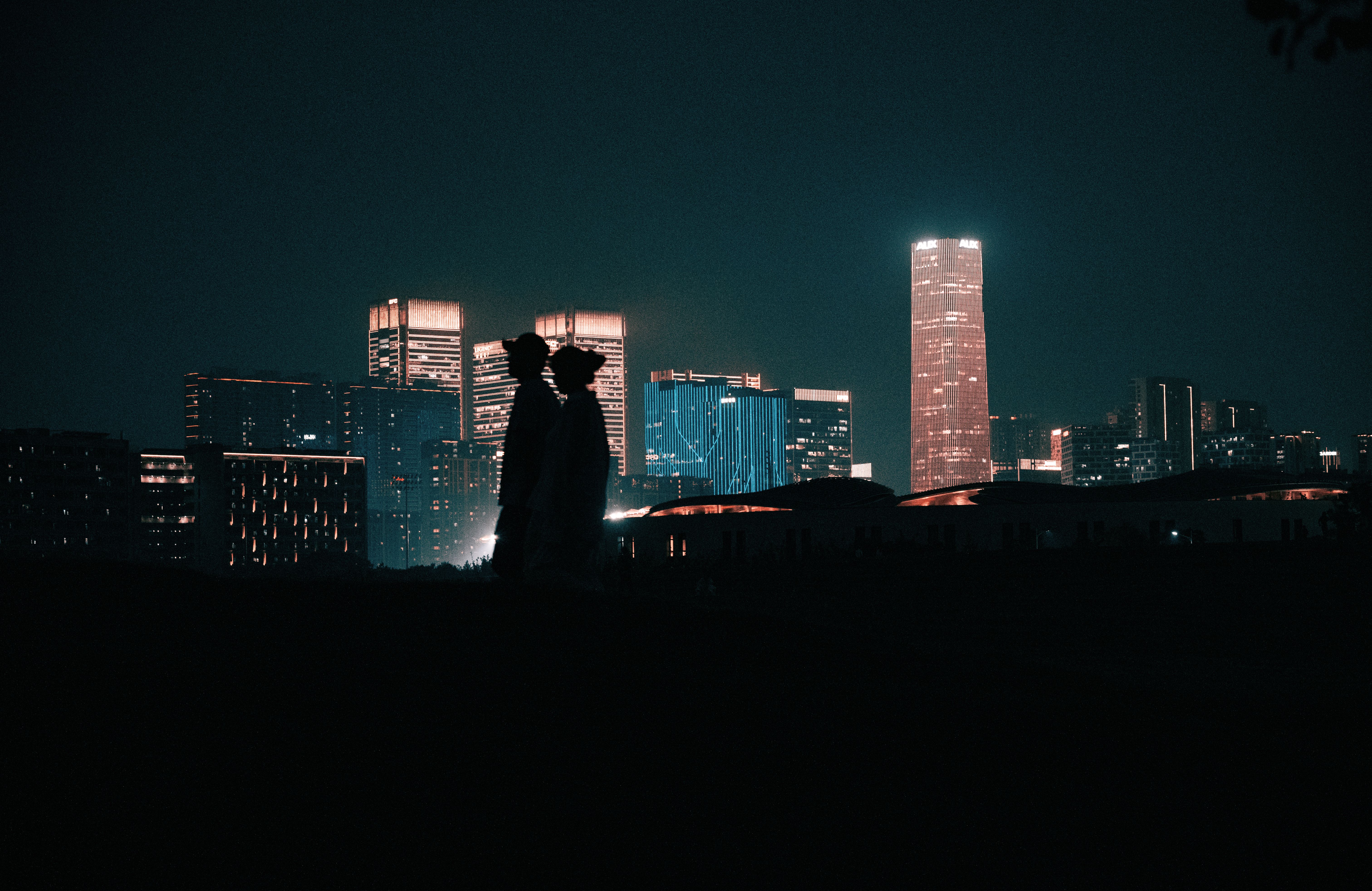 A romantic silhouette of a couple against a vibrant city skyline at night.