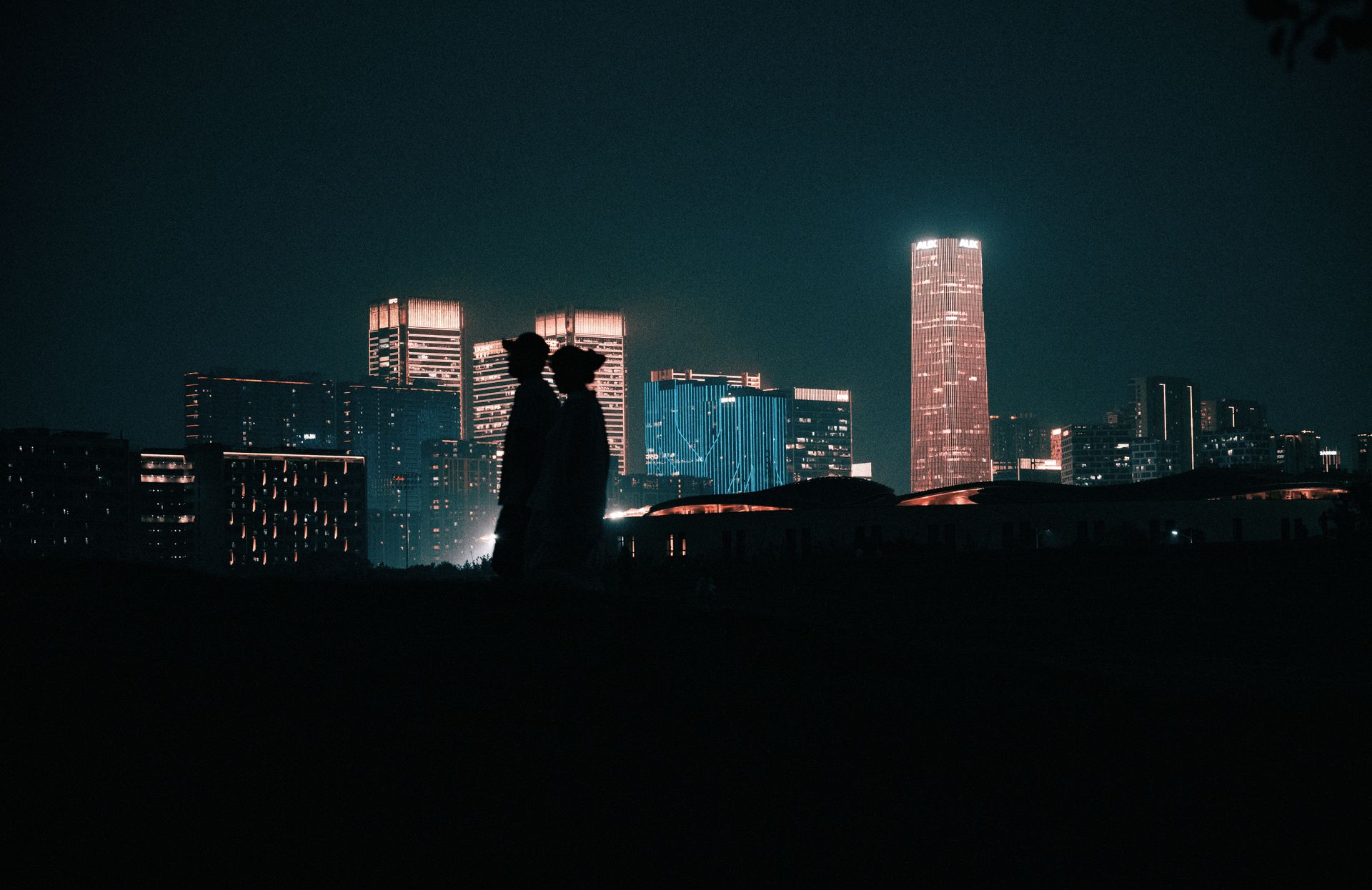 Silhouette romantique d'un couple devant une ville de nuit