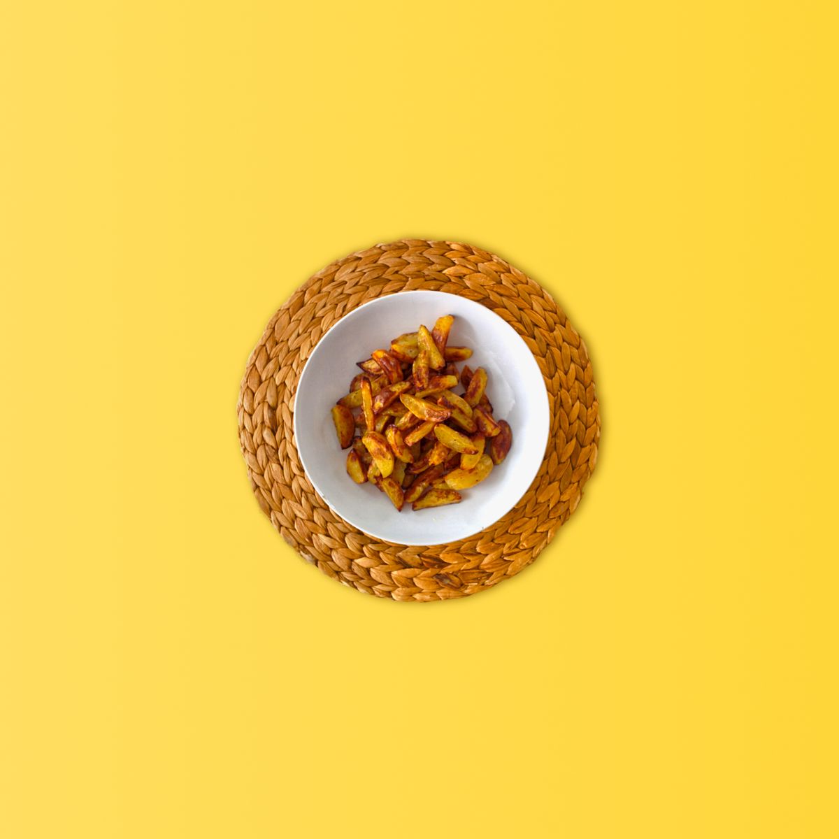 A bowl of crispy seasoned potato wedges on a woven placemat