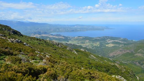 Free Breathtaking panoramic view from mountains over Bastia, Corse, France, featuring lush greenery and the sea. Stock Photo