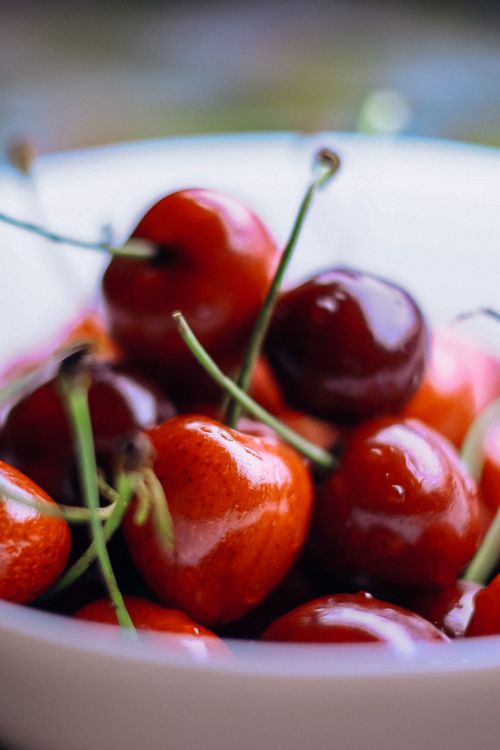 Free Close-up of fresh, juicy cherries with stems in a white bowl, showcasing vibrant red hues. Stock Photo