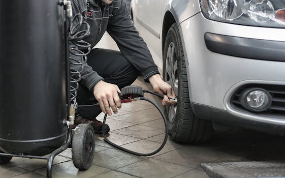 Mechanic inspecting and adjusting tire pressure in an auto repair shop