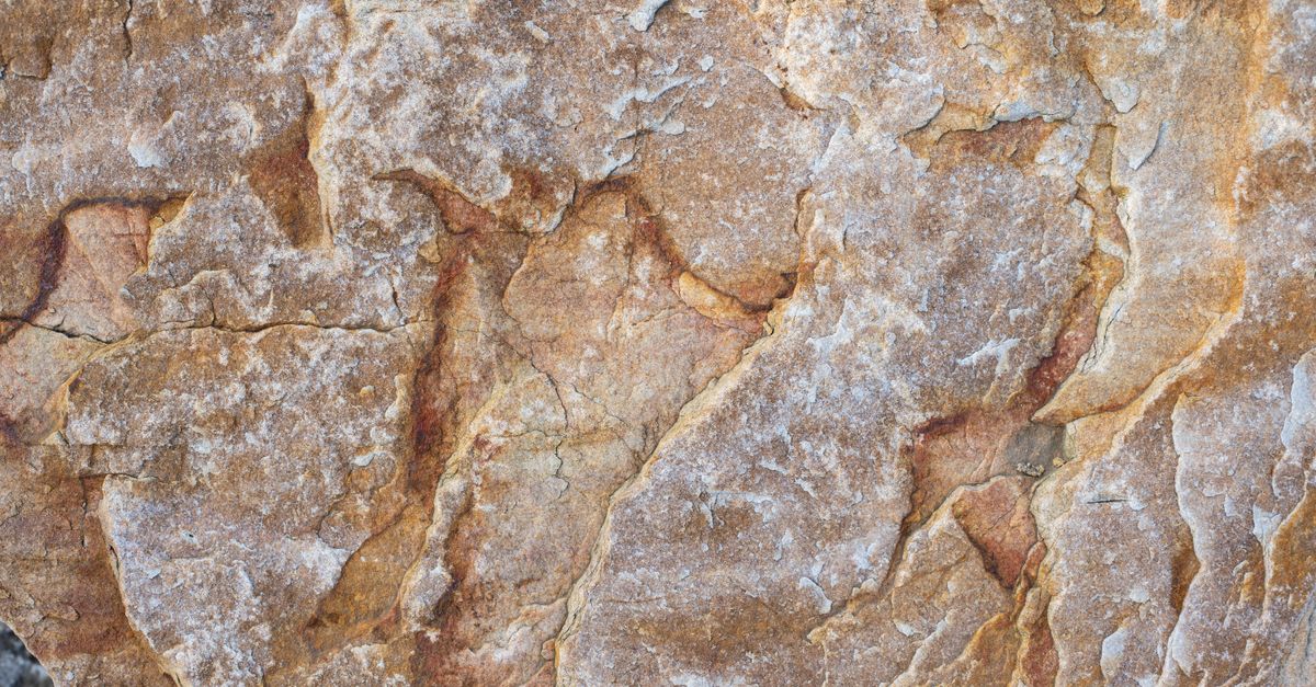 Close-up da textura de pedra natural exibindo rachaduras intrincadas e tons terrosos.