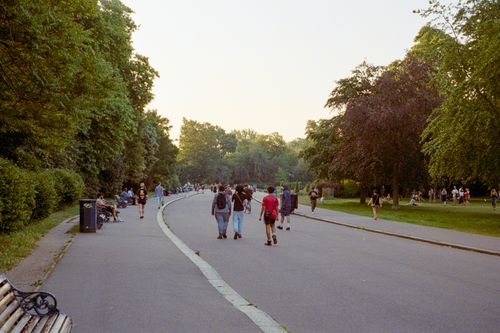 Free People enjoying a leisurely walk in a lush park on a sunny day, surrounded by nature. Stock Photo