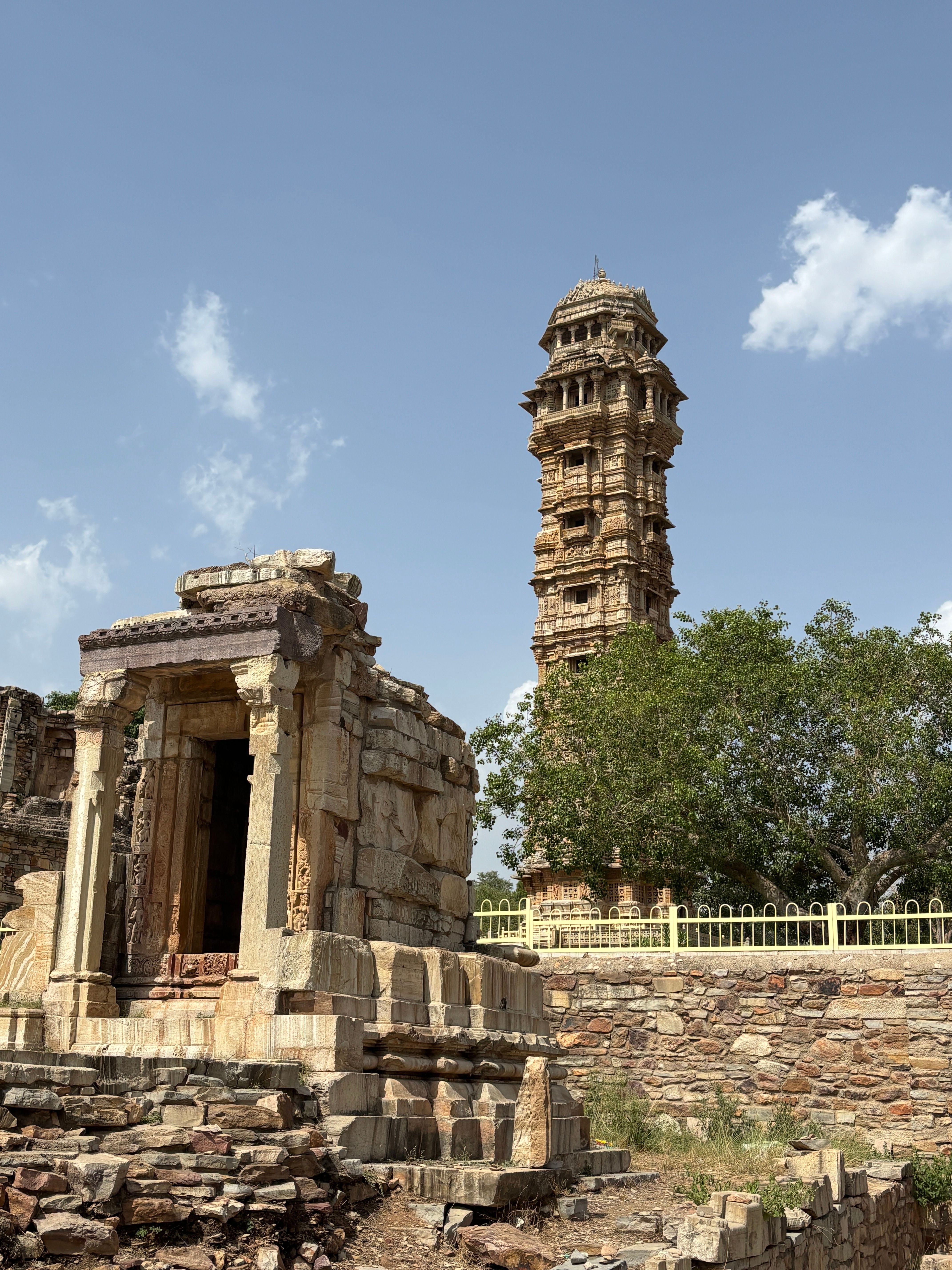 Majestic view of Vijay Stambh tower at Chittorgarh Fort, capturing ancient architectural splendor.