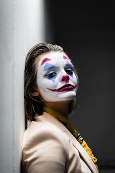 一名女子画着怪异的小丑妆，倚靠墙壁，创作出一幅黑暗而富有戏剧性的肖像