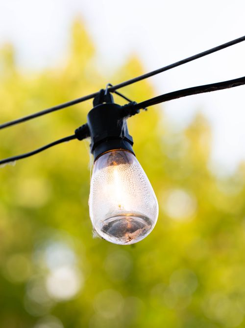 Free A single glowing bulb hanging outdoors amidst blurred green foliage, capturing a calm summer ambiance. Stock Photo