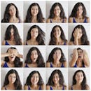 Collage of portraits of happy expressive lady with different cheerful expressions while looking at camera