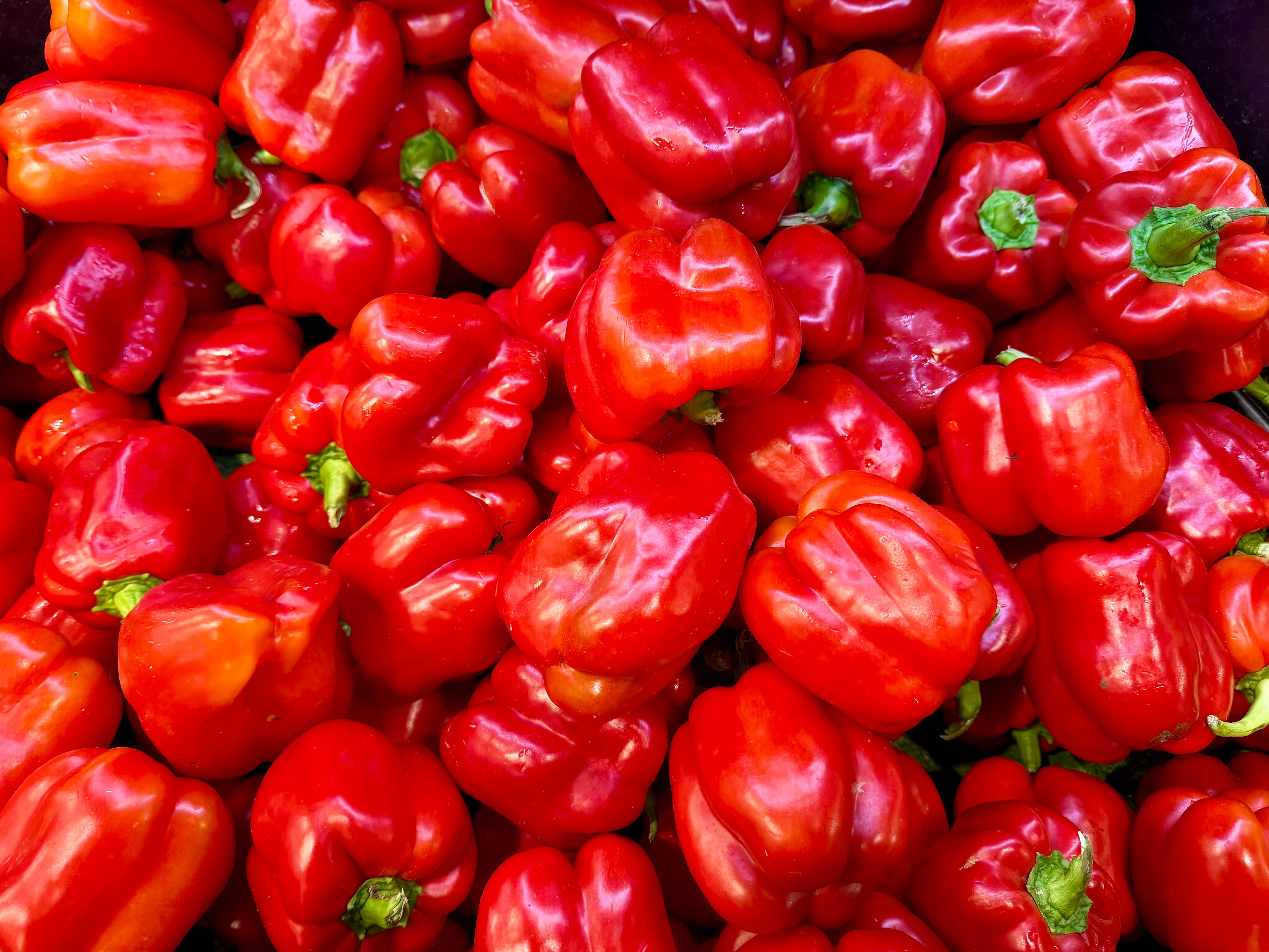 Vibrant red bell peppers on display, showcasing fresh produce at Box Hill, Victoria.
