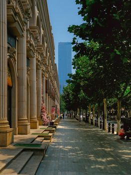 Elegant street view with historic architecture and modern skyscraper background.