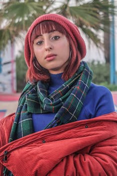 Portrait of a fashionable woman in a beanie and scarf taken outdoors in Casablanca.