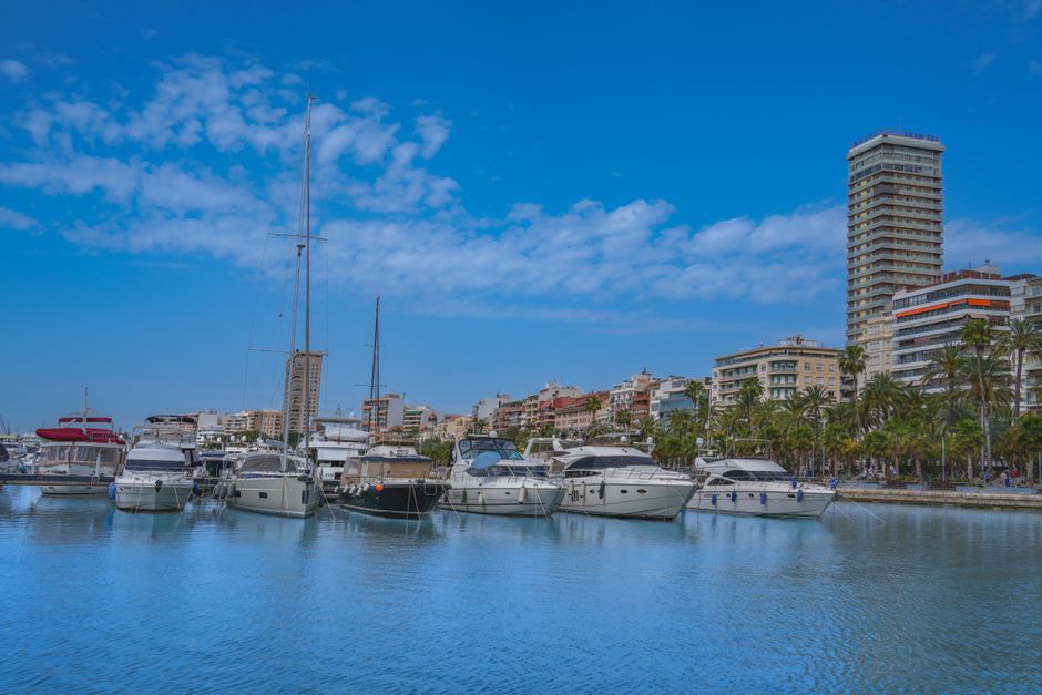 Amazing Sailing Yacht Trip from Maspalomas with free Drinks (Small Group) Review: A Peaceful Morning on Gran Canaria's Stunning Coast Review 2026 - Vibrant view of Alicante marina with yachts, palm trees, and city skyline under clear blue sky.