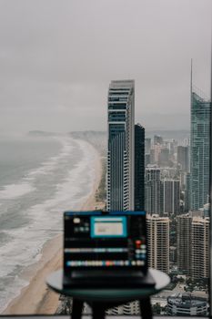 A breathtaking view of Gold Coast's coastline with modern skyscrapers, seen from a high vantage point.