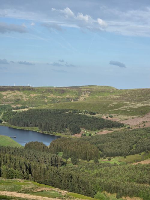 Free A breathtaking view of rolling green hills and a serene lake under a bright blue sky. Stock Photo
