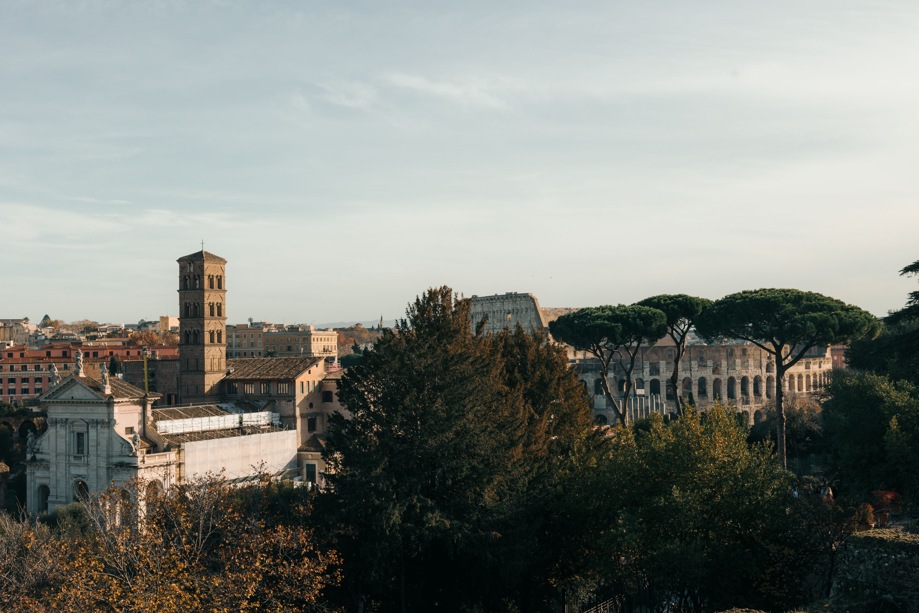 Captured from Rome, this picturesque view highlights the Colosseum amidst historical architecture and lush greenery.