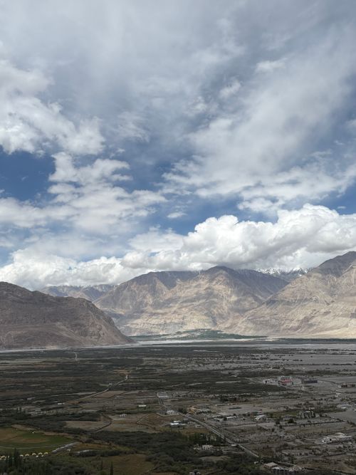 Free Experience the majestic Nubra Valley with its expansive landscape and towering mountains under a partly cloudy sky. Stock Photo