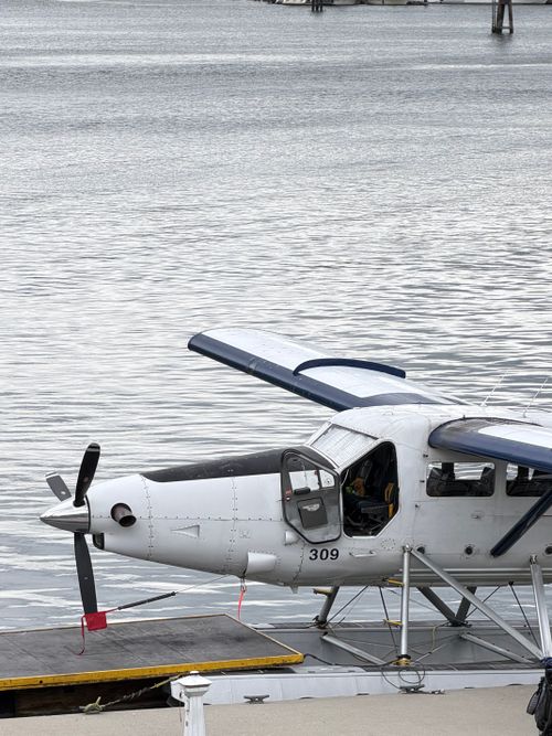 Free Seaplane 309 rests at a dock in Vancouver, reflecting on serene waters. Stock Photo