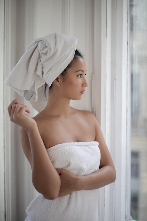 Free Topless Woman Covered With White Towels Stock Photo