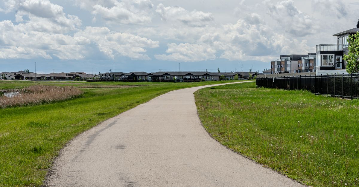 Scenic suburban pathway on a cloudy day, lined with green grass and residential buildings.