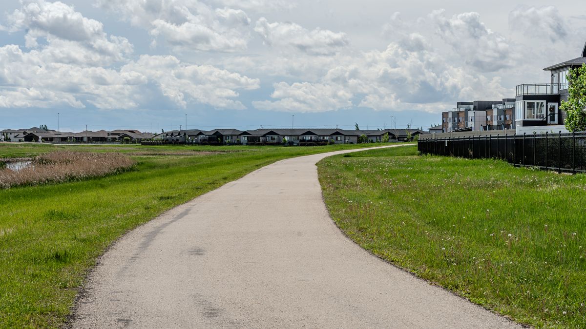 Scenic suburban pathway on a cloudy day, lined with green grass and residential buildings.
