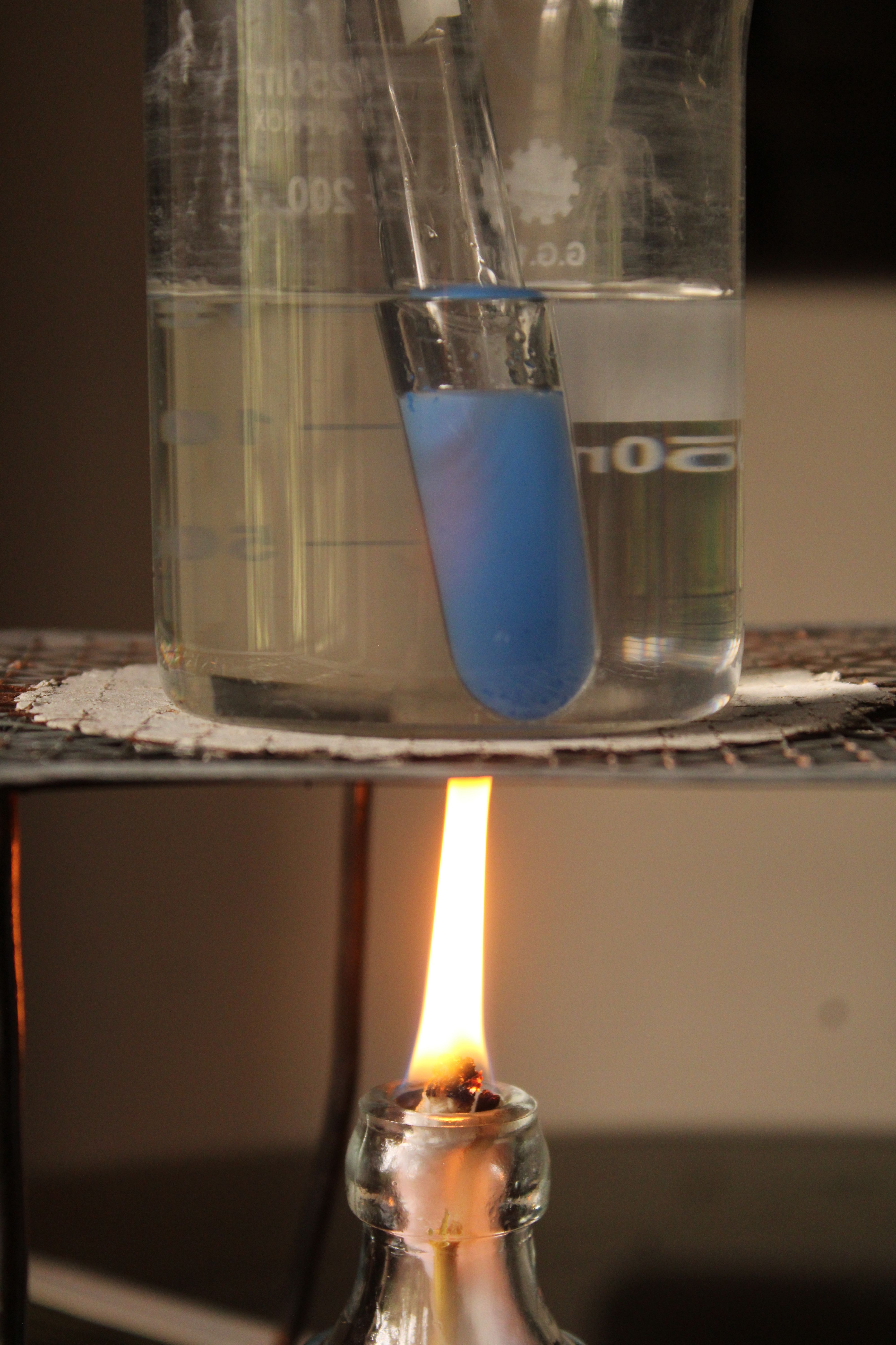Close-up of a laboratory experiment with a beaker, test tube, and burner flame.