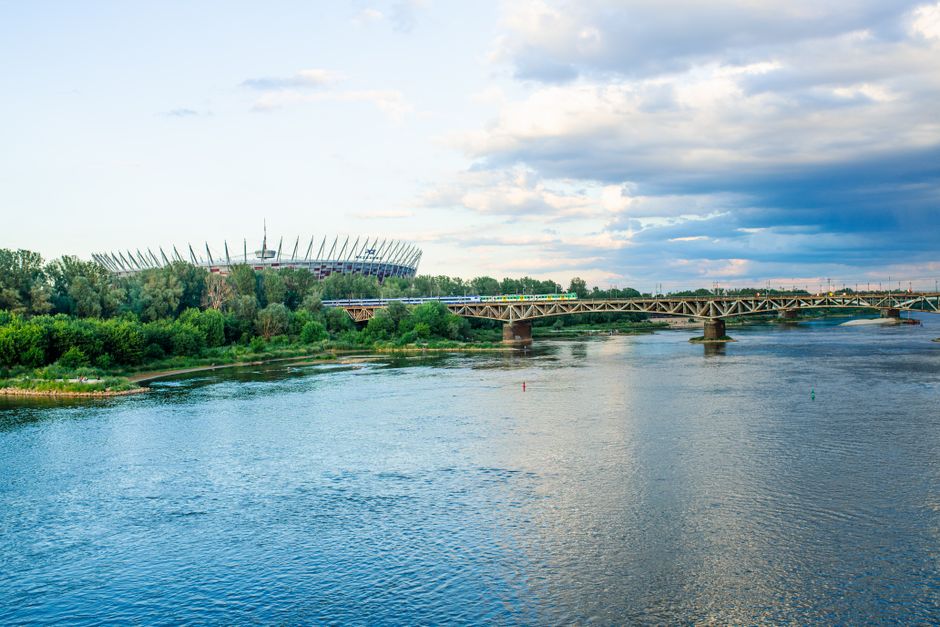 View of the National Stadium and bridge over the Vistula River in Warsaw, Poland.