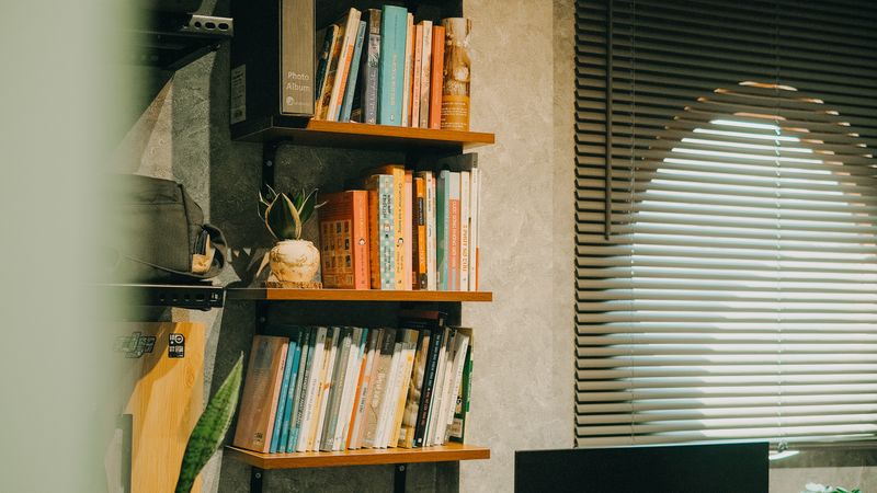 Moody home office with bookshelf