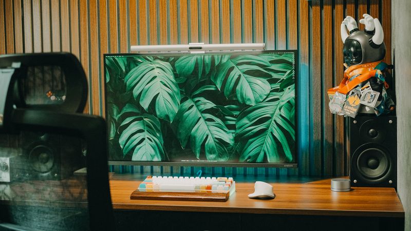 sage green desk pad with cream accessories