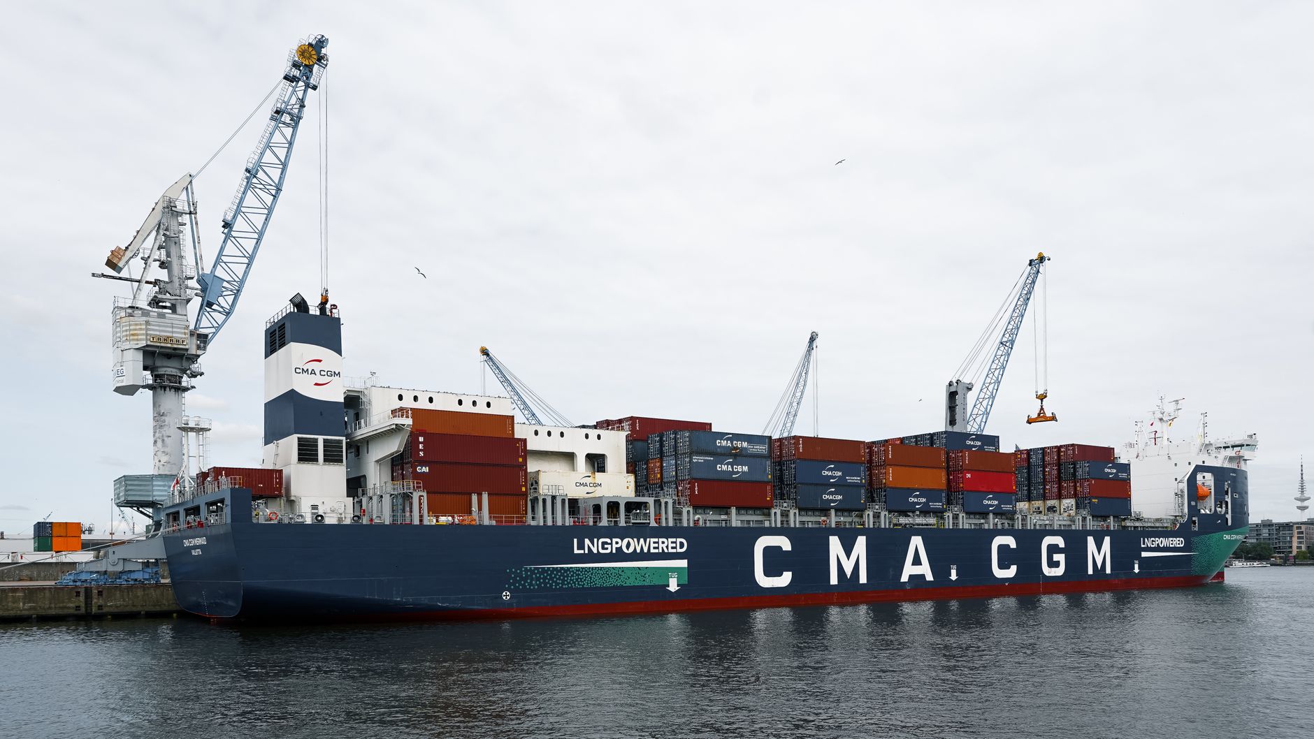 A large container ship docked at Hamburg port with cranes and containers visible, showcasing global trade.