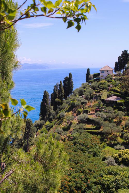 Free Breathtaking view of Portofino's lush hillside and blue Mediterranean Sea. Stock Photo