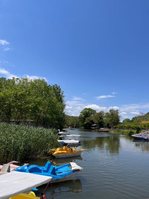 Free Tranquil river scene with pedal boats and greenery in Kıyıköy, Türkiye. Stock Photo