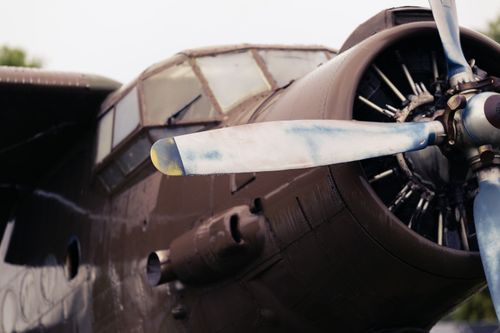 Free Close-up of a vintage propeller aircraft showing engine details in Kaliningrad, Russia. Stock Photo