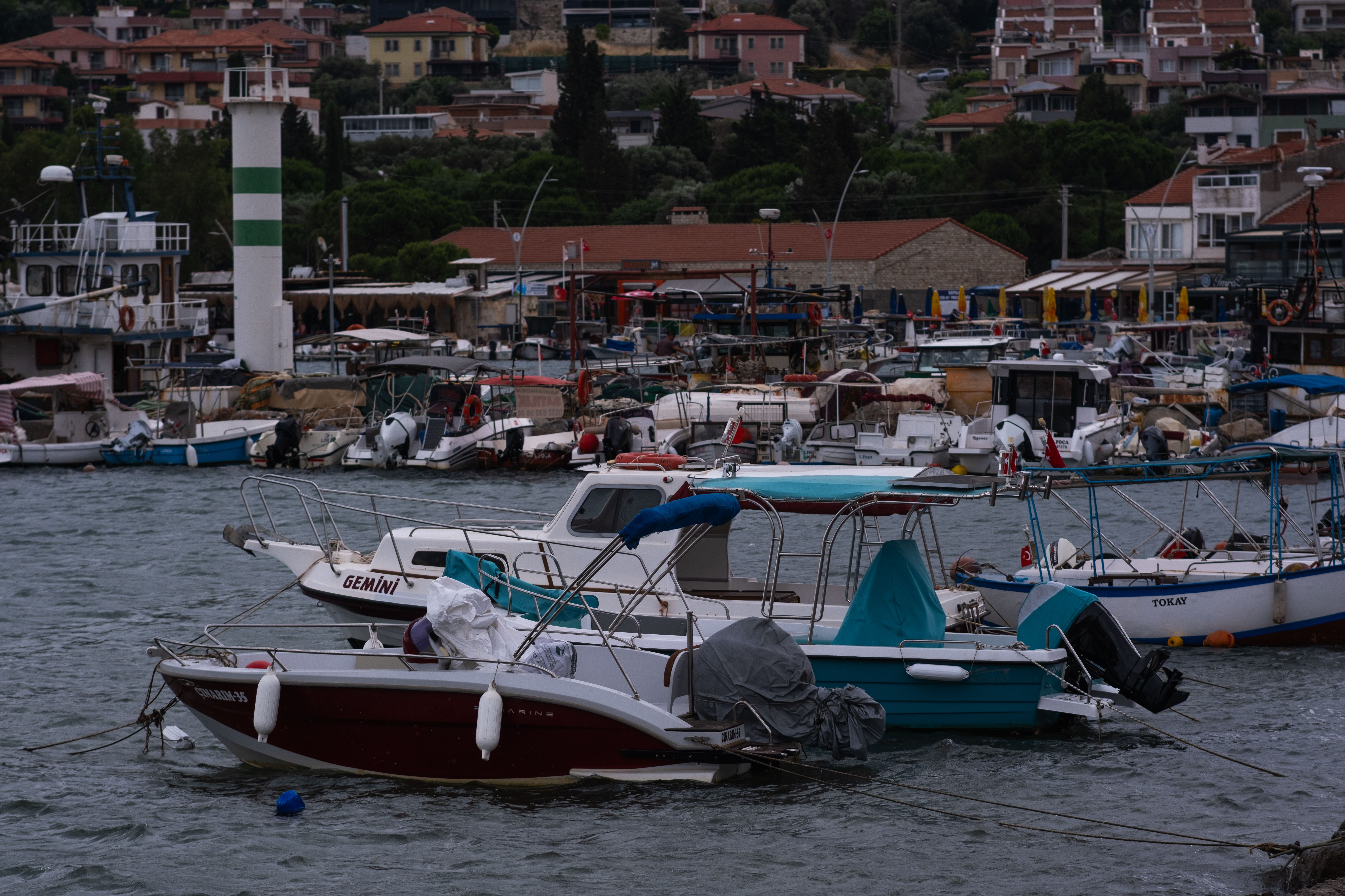 Boats docked at the scenic marina in Foça, İzmir, Türkiye under cloudy skies.