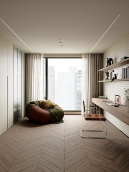 Sleek home office setting with a view of urban buildings, featuring modern minimalist design elements.