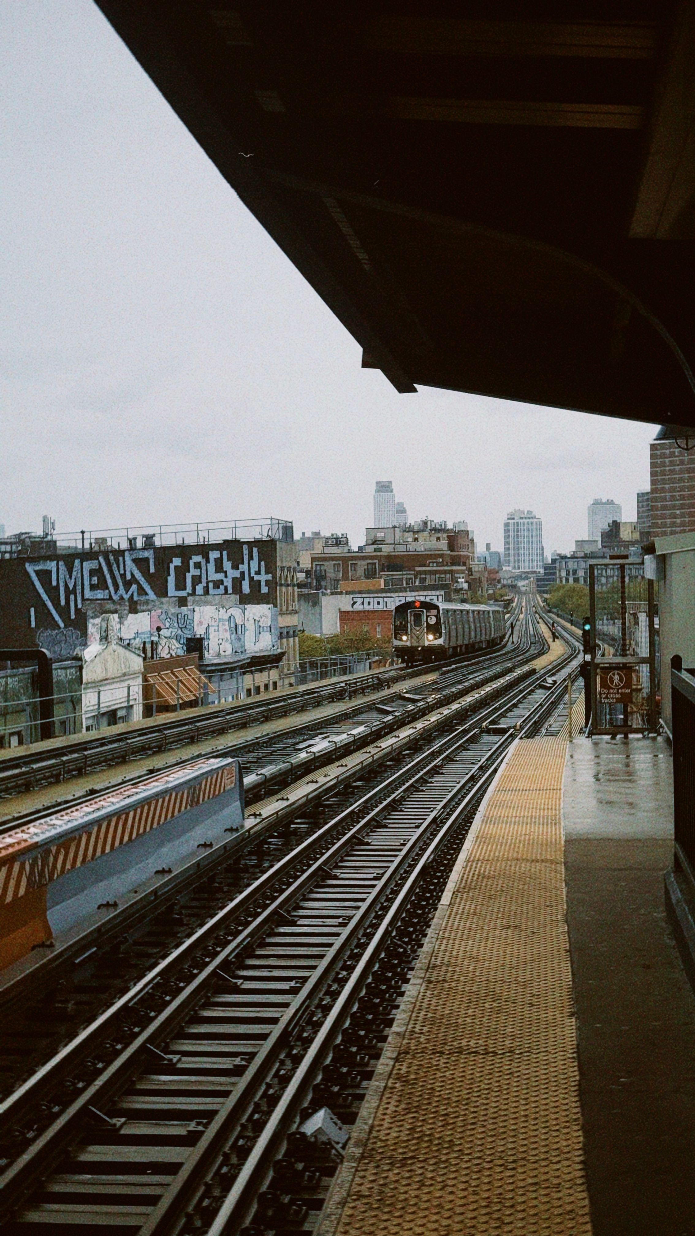 View of train tracks at a Brooklyn station, featuring urban graffiti and skyline.