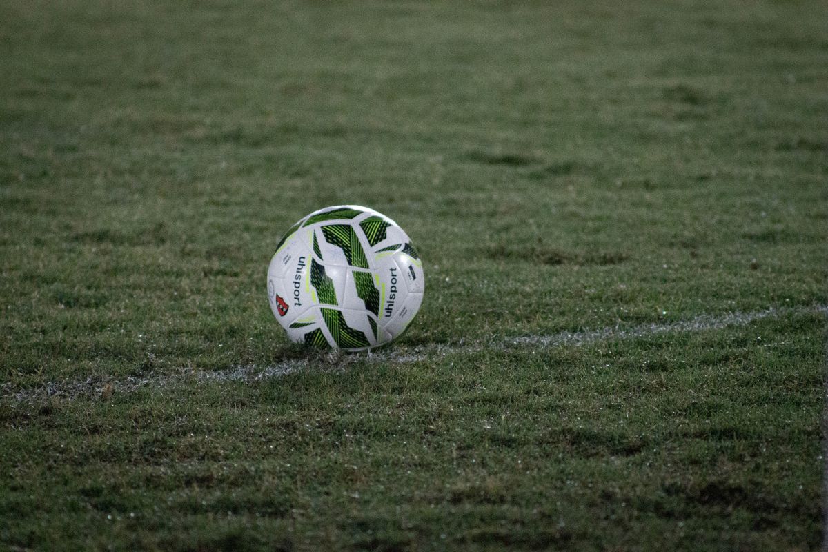 Stadyumda yeşil çimde futbol topu ve kale direği