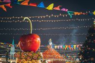 在夜晚的城市公园里，大红色闪亮的玩具苹果装饰在露天游乐场建筑的屋顶上，映衬着黑暗的天空，为寒假增添了节日气氛