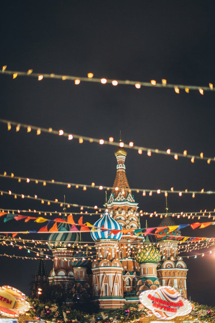 Cathedral On Red Square Among New Year Lights At Night